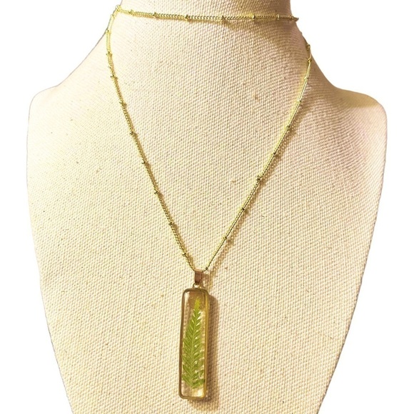 Vintage Encapsulated Ferm Leaf With Brass Pendant Necklace. - Picture 1 of 7